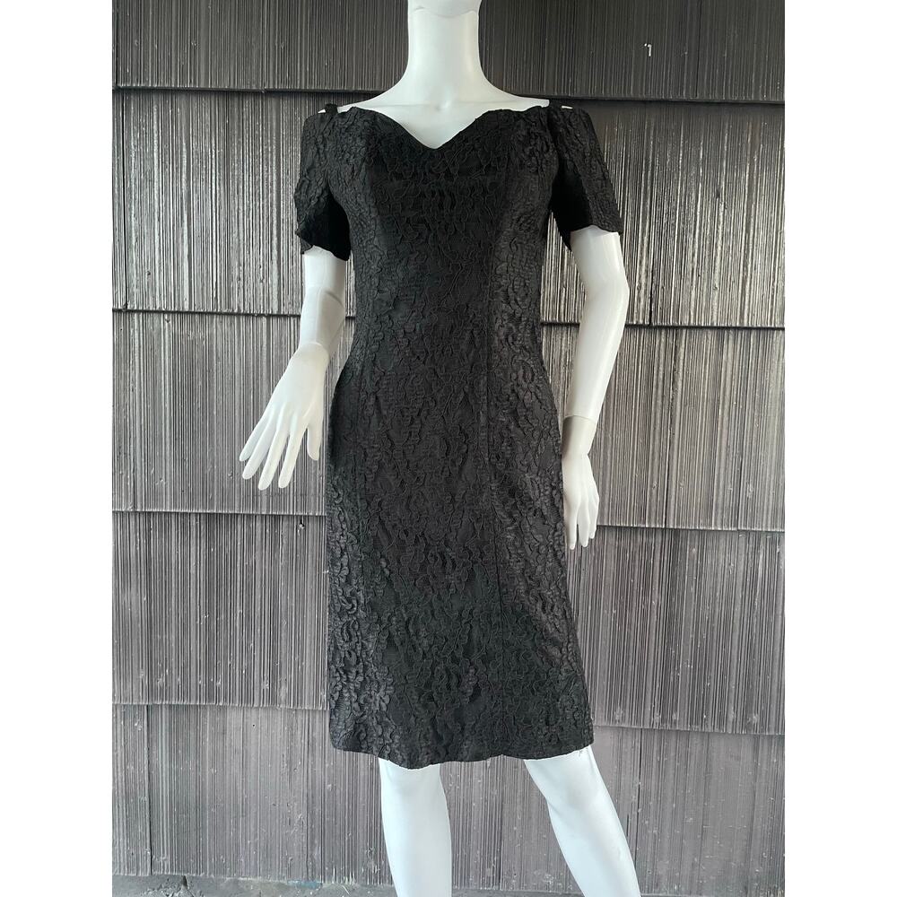 🔥VTG 70s Degre Off The Shoulder Black Lace Cocktail Evening Dark Romantic Dress